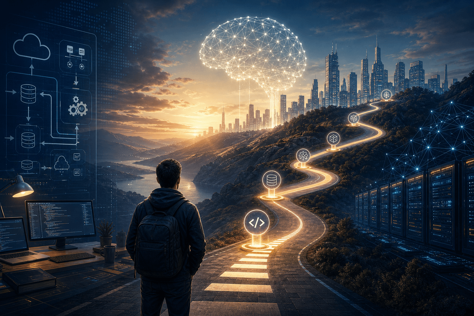 Backend engineer navigating a digital roadmap with AI and machine learning concepts flowing through interconnected systems.