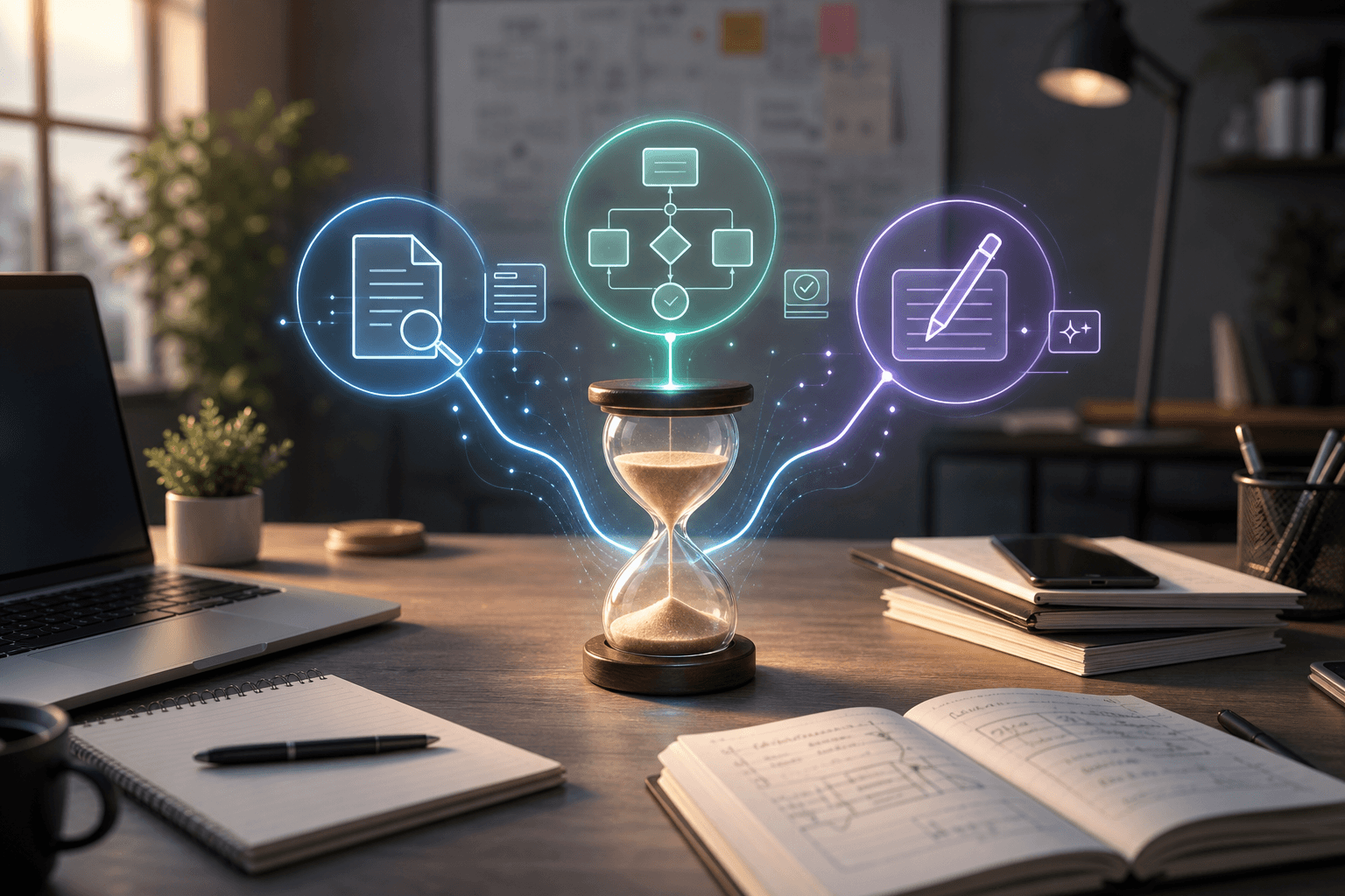 Illustration of interconnected gears and clock symbols representing automated AI processes saving time.
